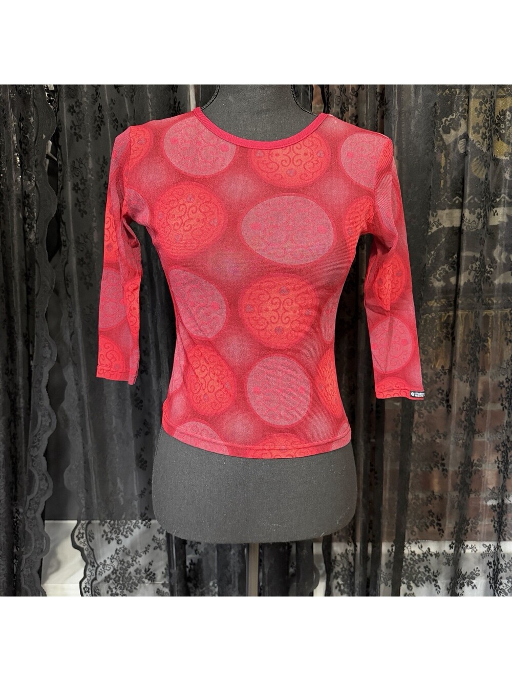 Point Zero Nicole Benisti Y2K Sheer Mesh Top Red Swirl Print Sz M
